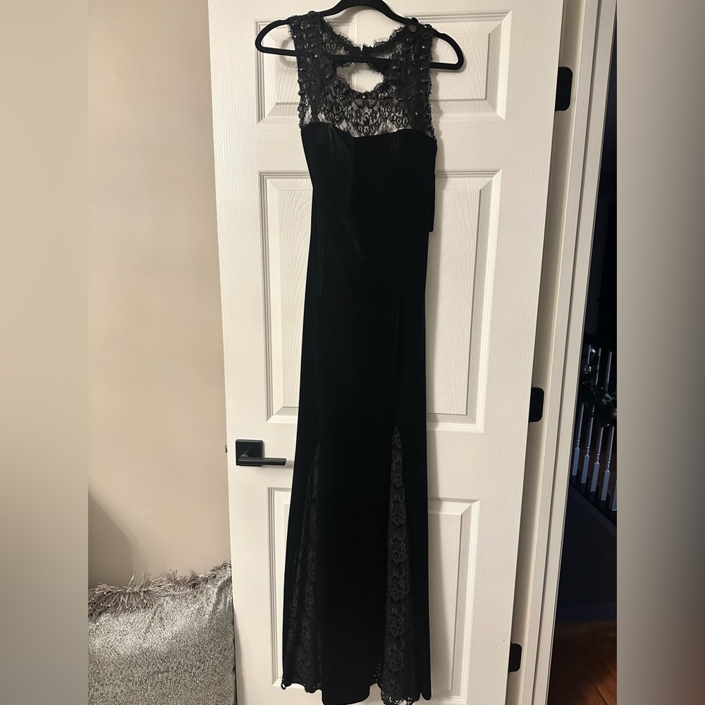 Elegant Black Velvet Evening Dress with Lace accents by Betsy & Adam NWT